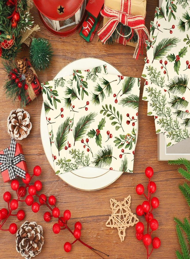 peony man 100PCS Christmas Holly Cocktail Napkins 5" X 5" Holly Berries and Pine Paper Napkins Xmas 3-Ply Disposable Beverage Napkins for Holiday Christmas Events Dining Kitchen Tableware Party Supplies - Image 5